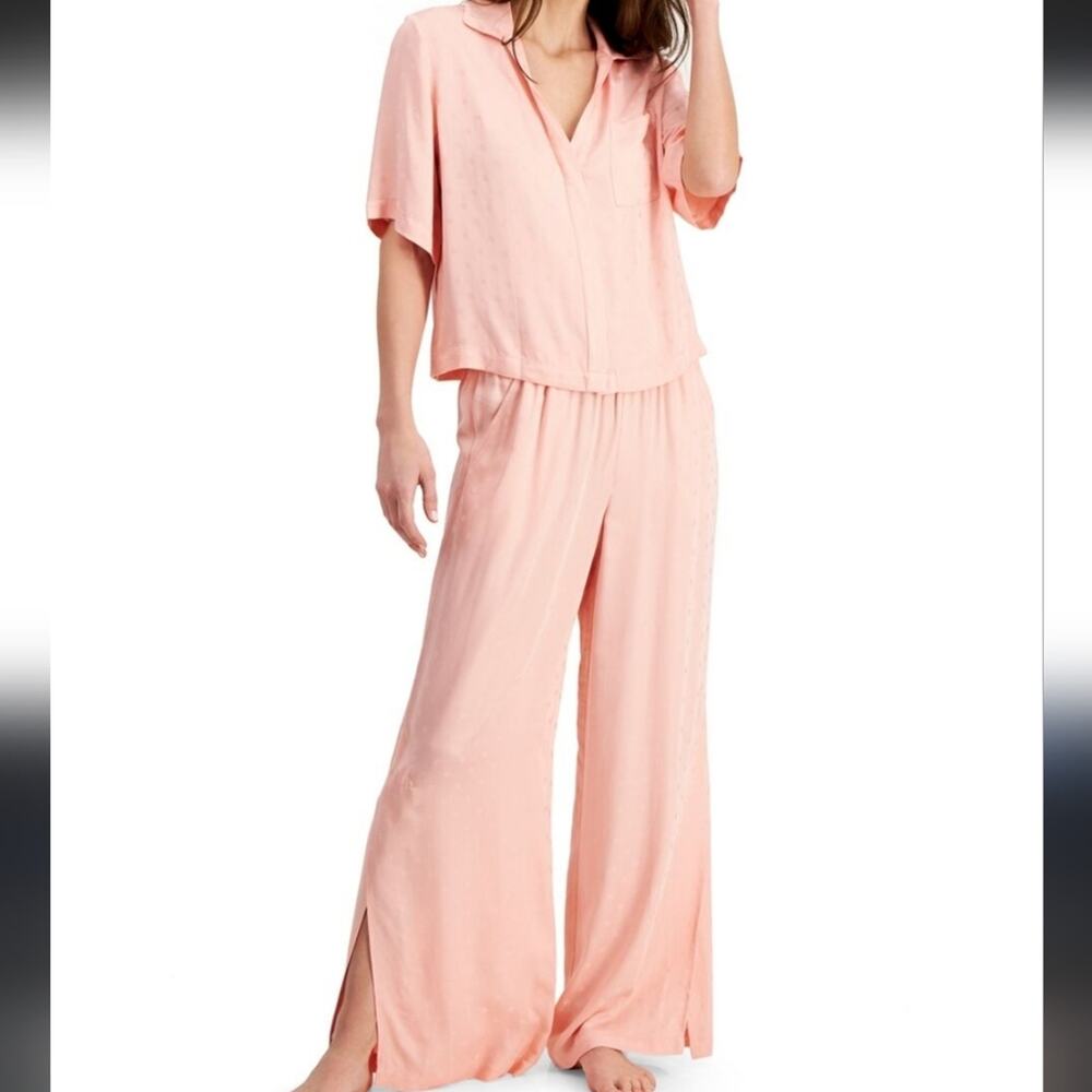 Alfani Intimates PJ Set Womens Size Medium Pink Polka Dot Button Top Slit Pant